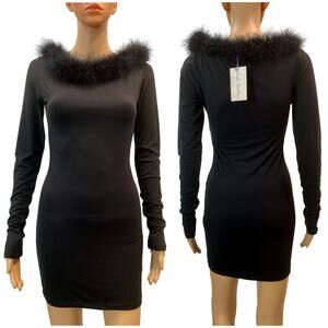 NEW Vintage Nadia Aboulhosn Mini Dress Black Marabou Trim